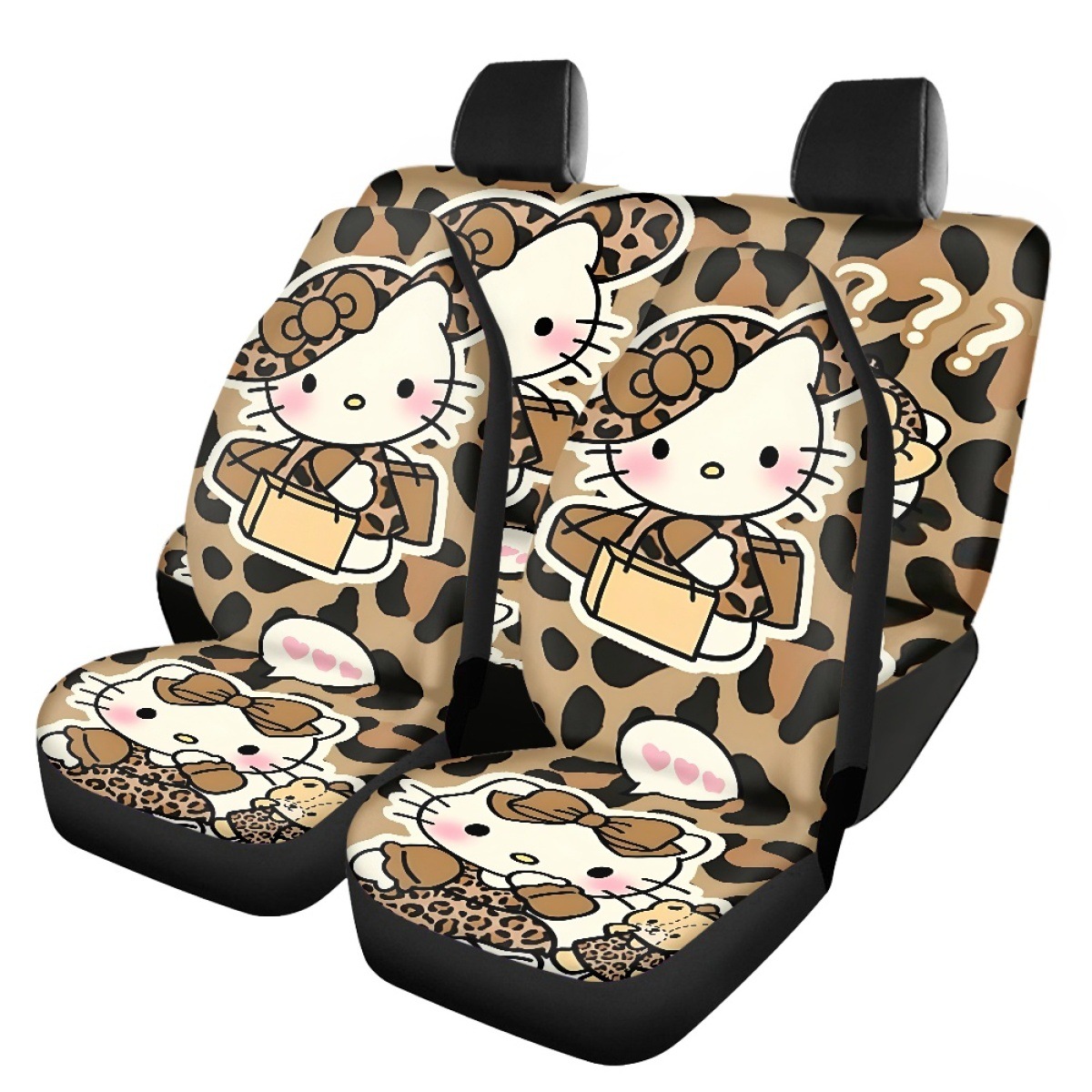 Custom-made car seat covers for independent online stores, featuring a coffee-colored leopard print and a Kitty cat design, to protect both the front and rear seats