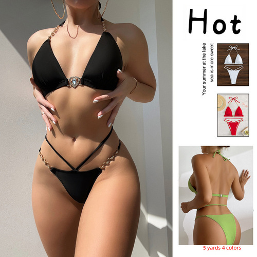 2024 New European and American Foreign Trade Crystal Chain Split Bathing Suit Amazon Tie Low Waist Triangle Bikini Women 