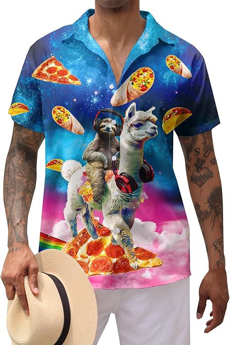 Divertido animal lindo 3D impresión digital hombre calle suelta salvaje manga corta solapa botón camisa hawaiana