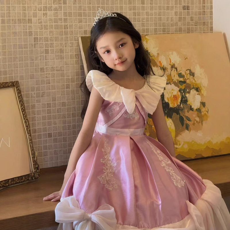 Yybr Girls' New Pink Cinderella Princess Dress with Bow and Puffy Skirt, High-End Birthday Dress