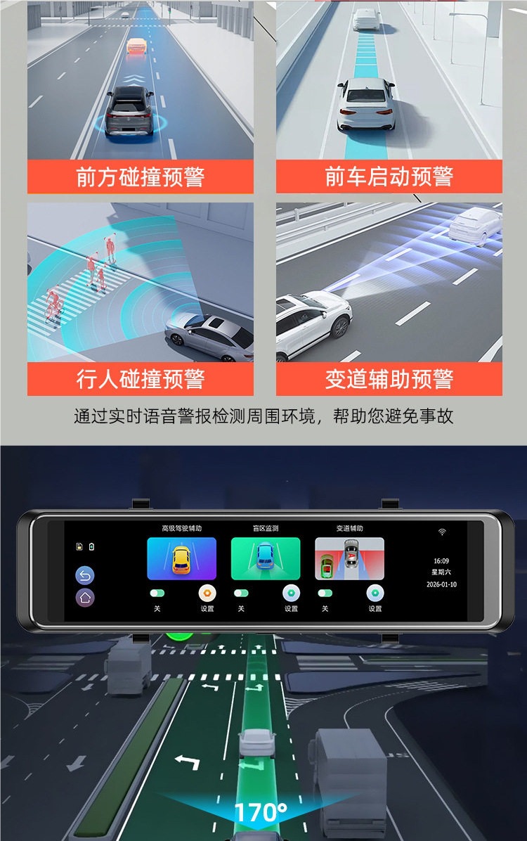 Front and Rear 4K Electronic Rearview Mirrors, In-Car Streaming Media Driving Recorder, Reversing Image, Blind Spot, Carplay Navigation