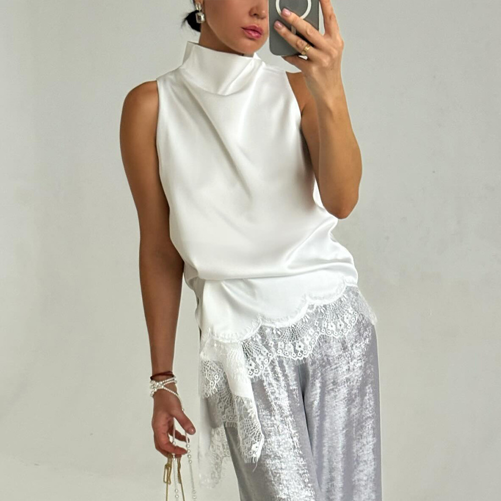 Ärmelloses Damen-Top mit Rollkragen, Spitzenbesatz, Satin, asymmetrischer Schnitt, Sommermode_voghion.com