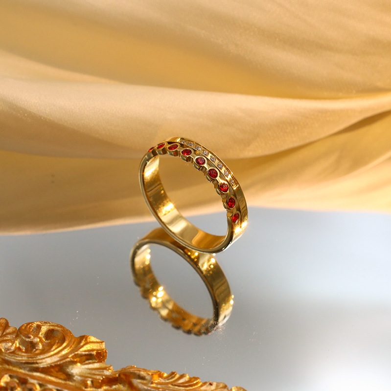 Red Diamond Inlaid Stainless Steel Ring