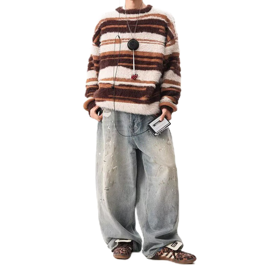 Explosiones transfronterizas de tamaño europeo de tamaño grande jersey de punto a rayas suéter de hombre suave peludo ceroso otoño invierno fábrica de marea al por mayor