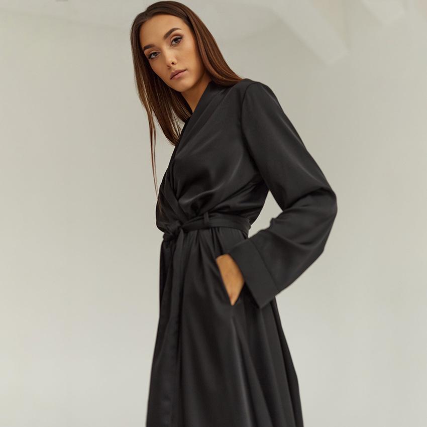 2026 European and American Spring and Summer New Style Imitation Silk Lace-Up Long-Sleeved Long Pajamas and Nightgowns, Comfortable and Soft Women's Home Wear 2026 European and American Spring and Summer New Style Imitation Silk Lace-Up Long-Sleeved Long Pajamas and Nightgowns, Comfortable and Soft Women's Home Wear