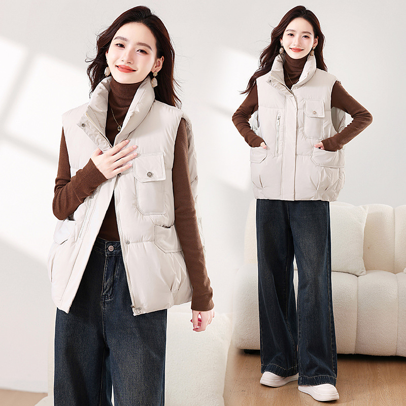 Invierno nuevo color sólido moda casual versátil delgado suelto cuello de pie grueso abrigo de algodón de hombro chaleco