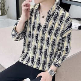 2025夏季新款冰丝七分袖衬衫男潮薄款痞帅休闲短袖美式花衬衣外套