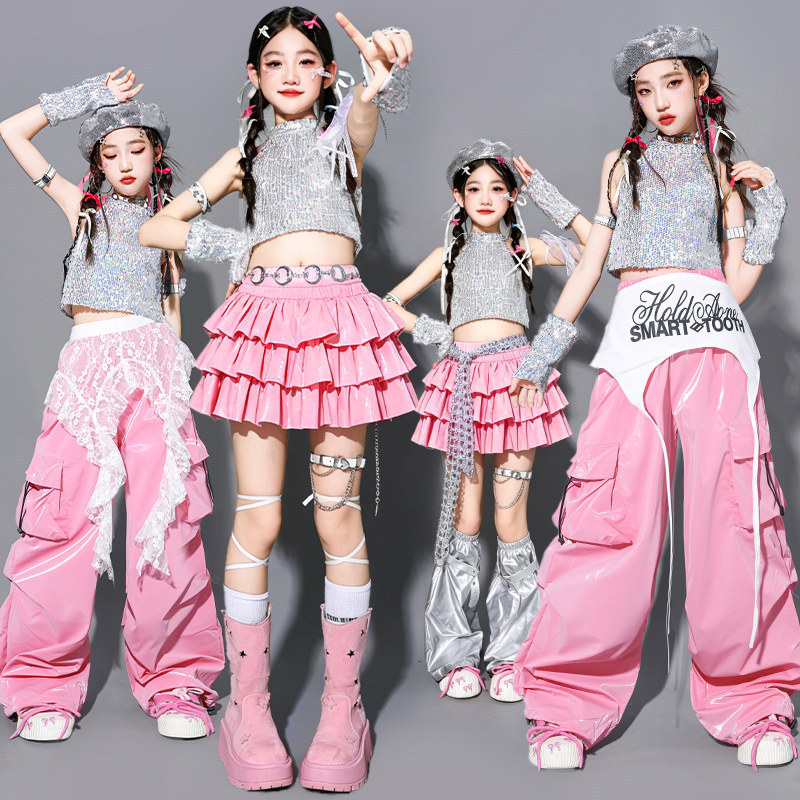 Girls' Silver Sequin Jazz Dance Costume, Children's Jazz Outfit, Kids' Street Dance Performance Outfit, Girls' Trendy Pants