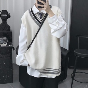 2024 Knitted Vest for Men, Spring and Autumn Korean Style, Trendy and Unique Casual Sweater Vest, Hong Kong Style, Loose and Casual
