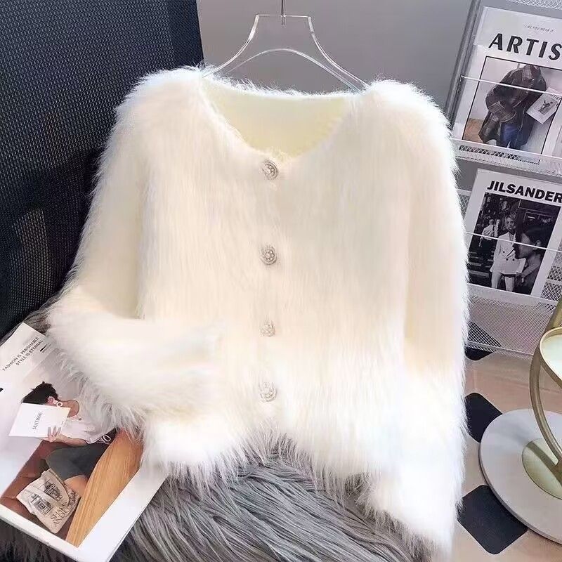 ミンクの毛のメリヤスのカーディガンのセーターのコートの女性の秋冬の服装の厚い純色の新型の短い金の爆発金のヨーロッパの商品の柔らかいモチ|undefined