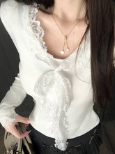 毛毛蕾丝花边v领针织衫2024冬季新款修身显瘦别致漂亮长袖上衣女