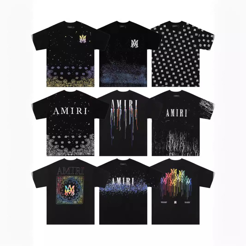 High Version Collection AMIRI Summer Short-sleeved Letter Fluid Splash Ink Printed Round Neck Men's Short-sleeved T-shirt Cross-border Tide