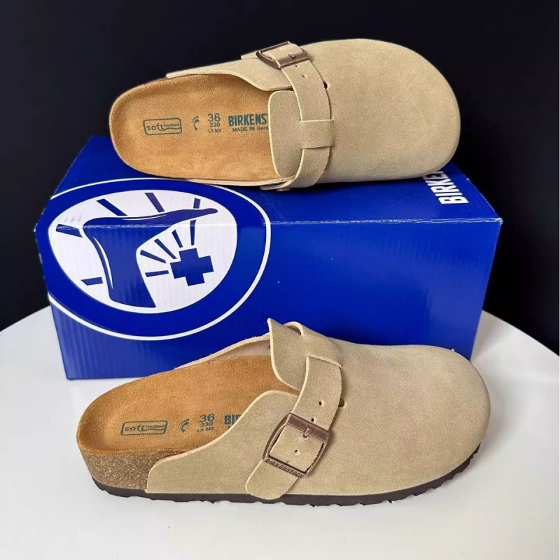 Original Box Source Cowhide Birkenstock Shoes Retro Genuine Leather Half-Slippers Comfortable Cork Birkenstock Shoes Outer Wear Casual Toe-Toe Slippers