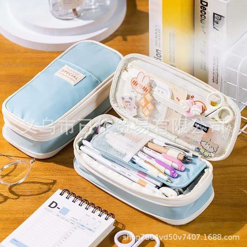 Bolsa de bolígrafo de gran capacidad para estudiantes de primaria simple serie de macarón bolsas de bolígrafo de separación multicapa multifuncional caja de papelería de alto valor facial