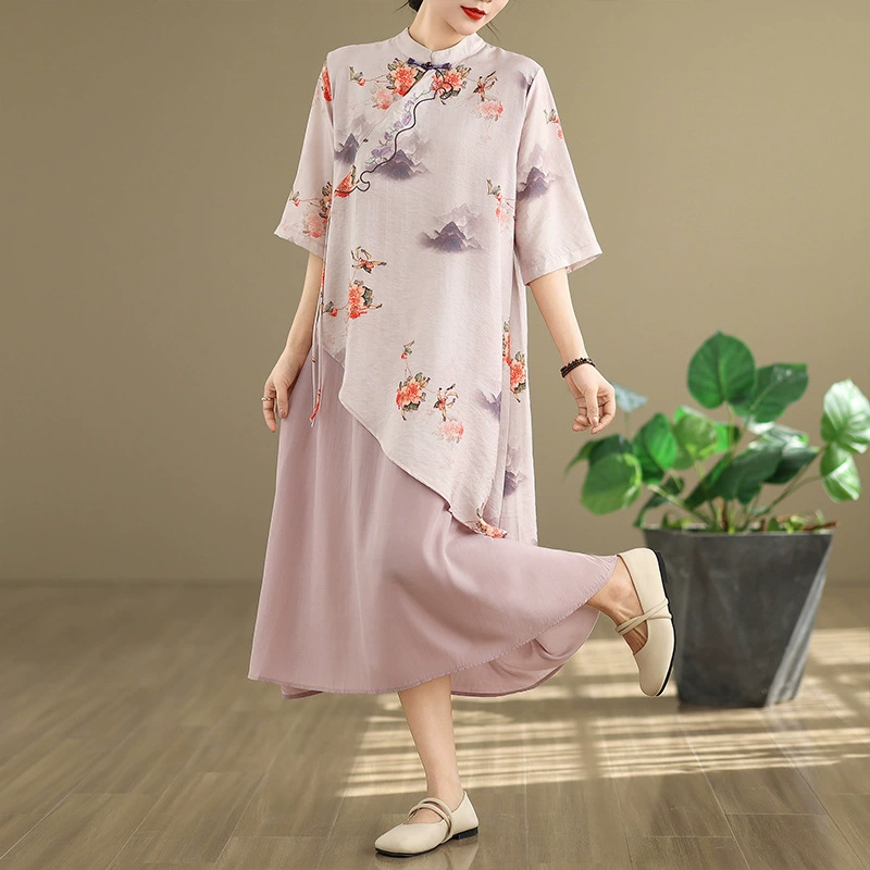 Новый китайский стиль cheongsam хлопчатобумажное платье лето 2025 новое лето мама летнее платье плюс размер женская толстая юбка мм