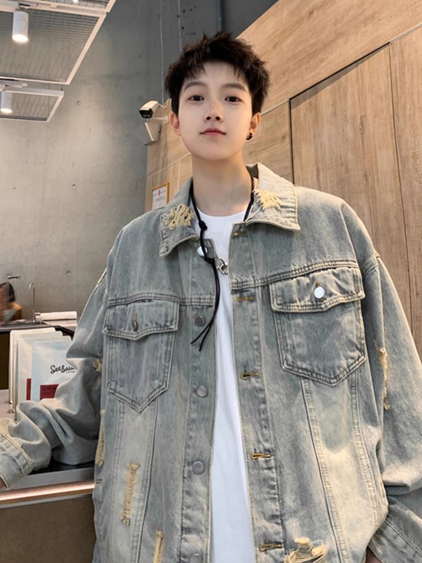 水洗做旧破洞牛仔外套男宽松潮牌痞帅高级感美式复古休闲夹克上衣|undefined