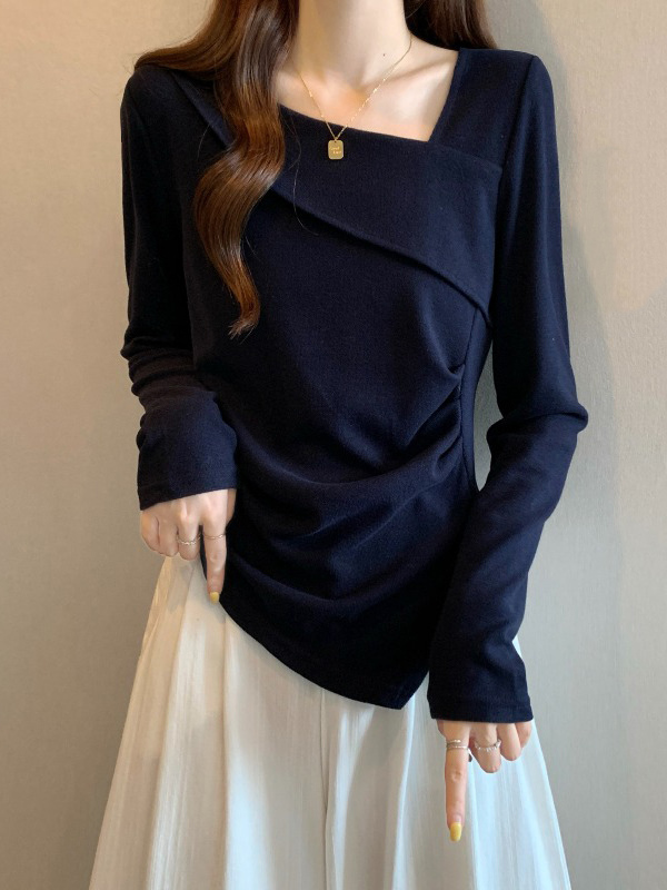 藏蓝色斜领正肩长袖T恤女2025秋季新款大码胖mm打底衫不规则上衣