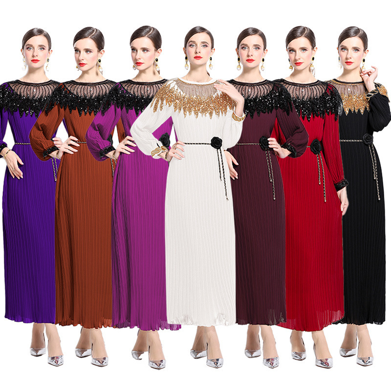 2024 high-class socialite Fan Heavy Industry Beaded Dress Temperament Imperial Sister Fan Lantern Sleeve Pleated Loose Dress 2024 high-class socialite Fan Heavy Industry Beaded Dress Temperament Imperial Sister Fan Lantern Sleeve Pleated Loose Dress