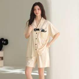 夏季新款莫棉女士短袖短裤开衫翻领睡衣卡通休闲女家居服图片色