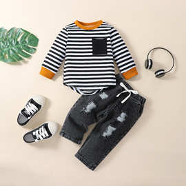 外贸春秋款男童不连帽条纹长袖牛仔套装现货厂家直销潮童