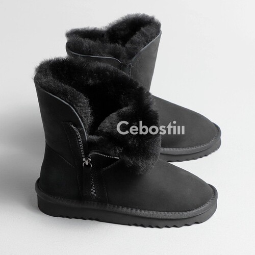 Women's Thick Sole Snow Boots, Sheepskin and Fleece Lined, Insulated and Thick Winter New Warm Cotton Boots, Mid-Calf Cotton Snow Boots