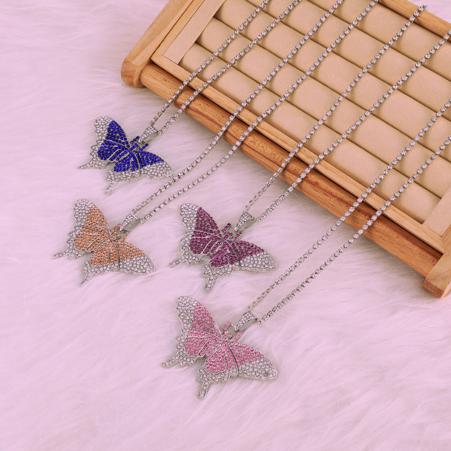 Full Diamond Cuban Butterfly Necklace Retro Personality Exaggerated Butterfly Pendant Neck Chain