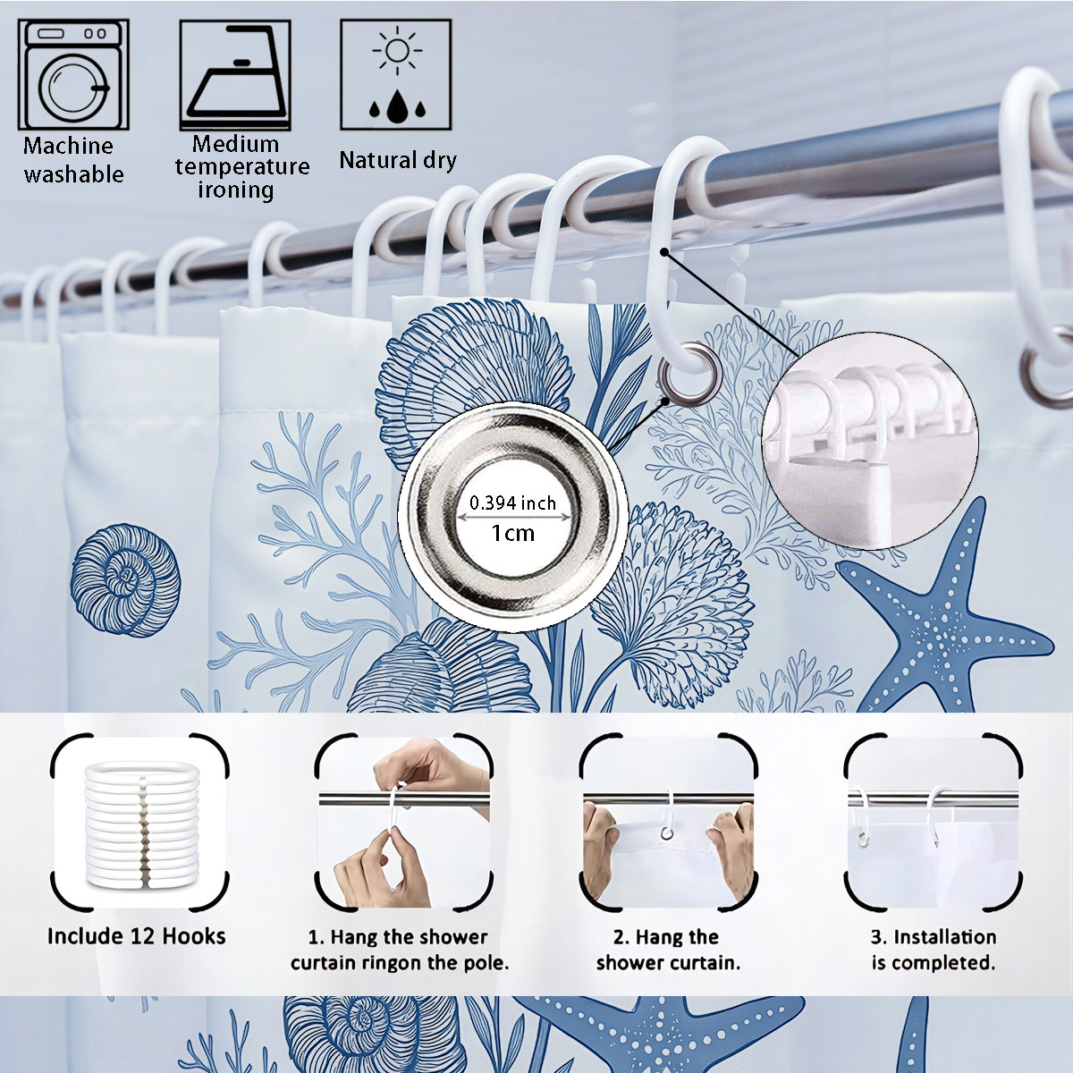 Temu cortina de baño impermeable personalizada serie de elementos marinos 3D impresión poliéster cortina de baño de cuatro piezas fábrica image 4