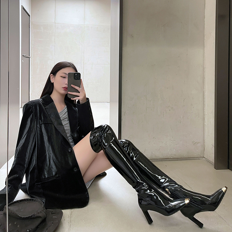 Patent leather over-the-knee boots women's autumn sexy metal square toe thigh stretch thin boots bright leather high heel boots