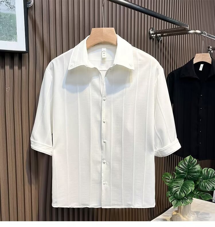 Camicia uomo a maniche corte a righe in misto seta casual_voghion.com