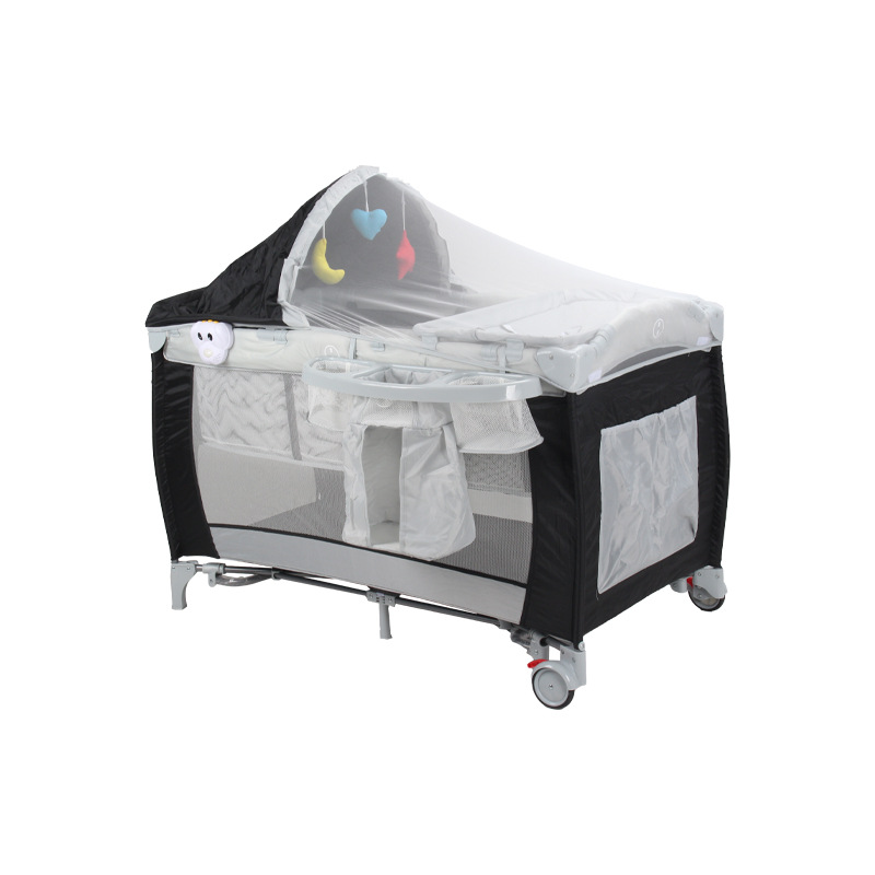 Cuna multifuncional portátil transfronteriza con cambiador, mosquitero, cama plegable para bebé y mecedora.
