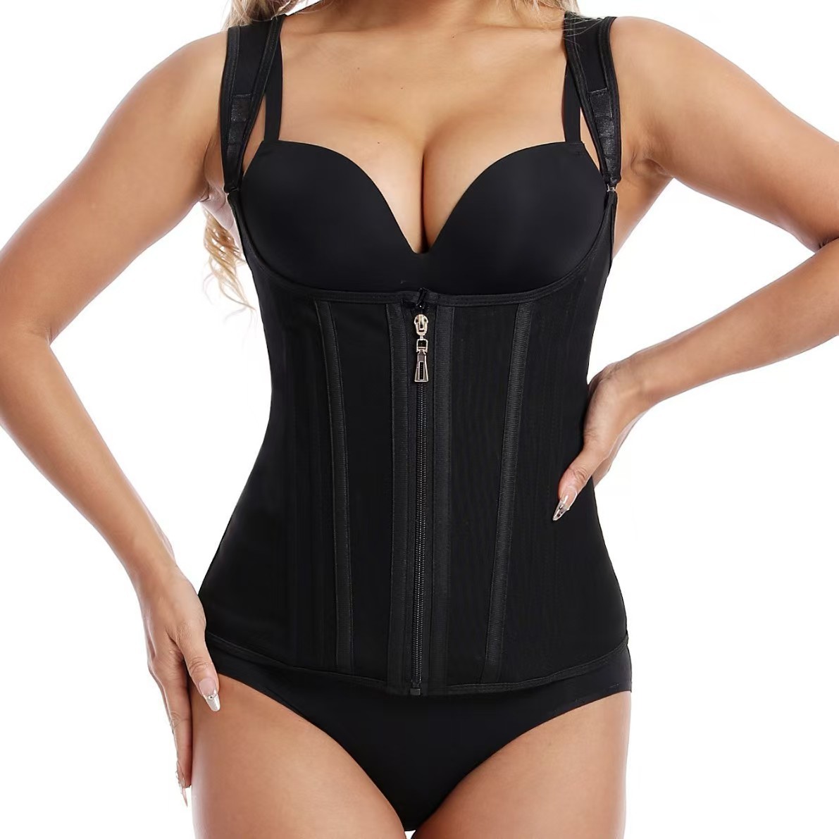 New Waist-Shaping Shapewear with Outer Zipper and Inner Buttons for Women, Body-Shaping Vest with Wide Shoulder Straps, Corset and Abdominal Belt