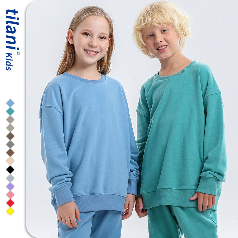 XINJIANG children's clothing, European and American trendy brand, round neck loose pullover sweatshirt, pure cotton 350g, boys' and girls' terry cotton top.