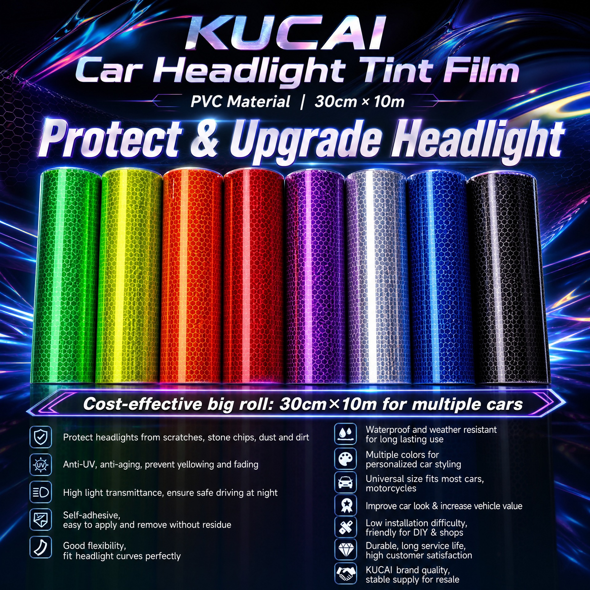 Car headlight film, PVC headlight film, honeycomb laser carbon fiber film, TPH taillight film, available in black, white, yellow, and gray