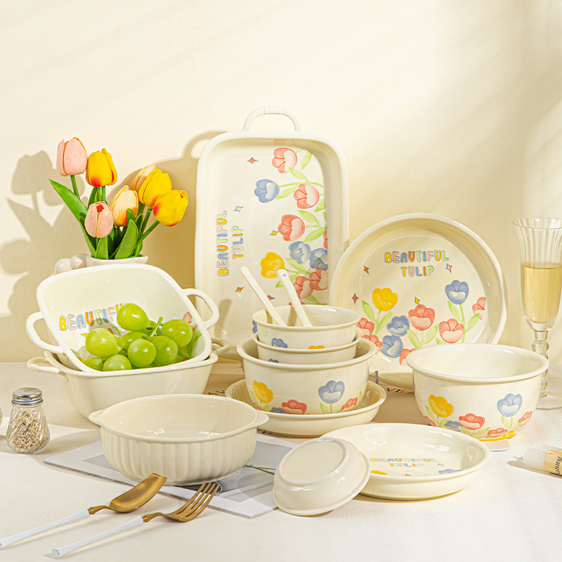 日式高顏值鬱金香碗碟套裝陶瓷餐具家用陶瓷碗批發盤子米飯碗湯碗