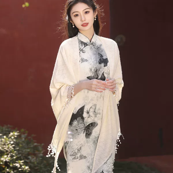 Off-White Tassel Shawl Hollow Versatile Knitted Cardigan Paired with Cheongsam Sleeveless Artistic Republic of China Style Slimming