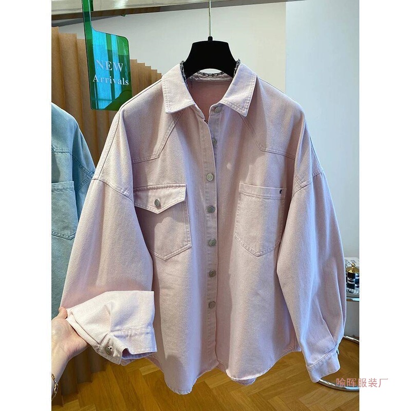 Retro Light Blue Denim Shirt Top for Women Spring New Style Loose Slimming Shirt Lapel Jacket Pink