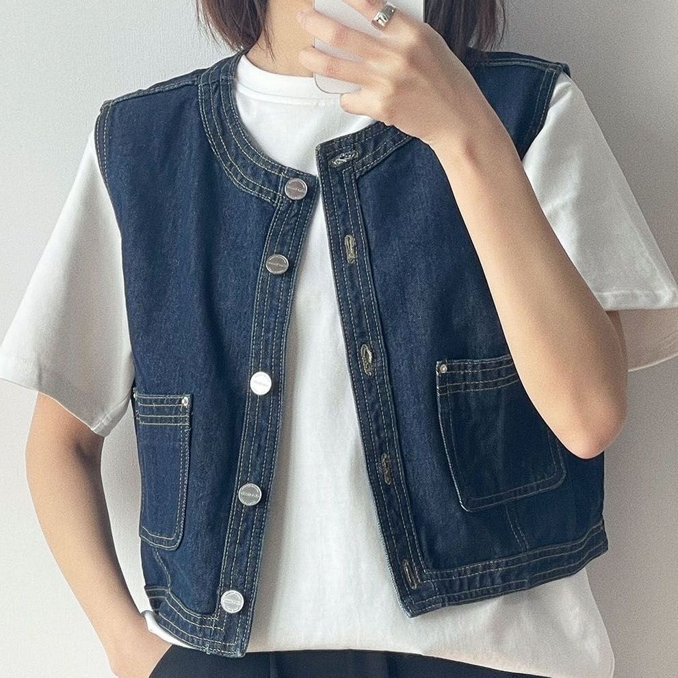 Dark Blue Denim Vest for Women 2022 Summer Korean Style Fashionable Loose Outer Vest Single-Breasted Casual Sleeveless Vest