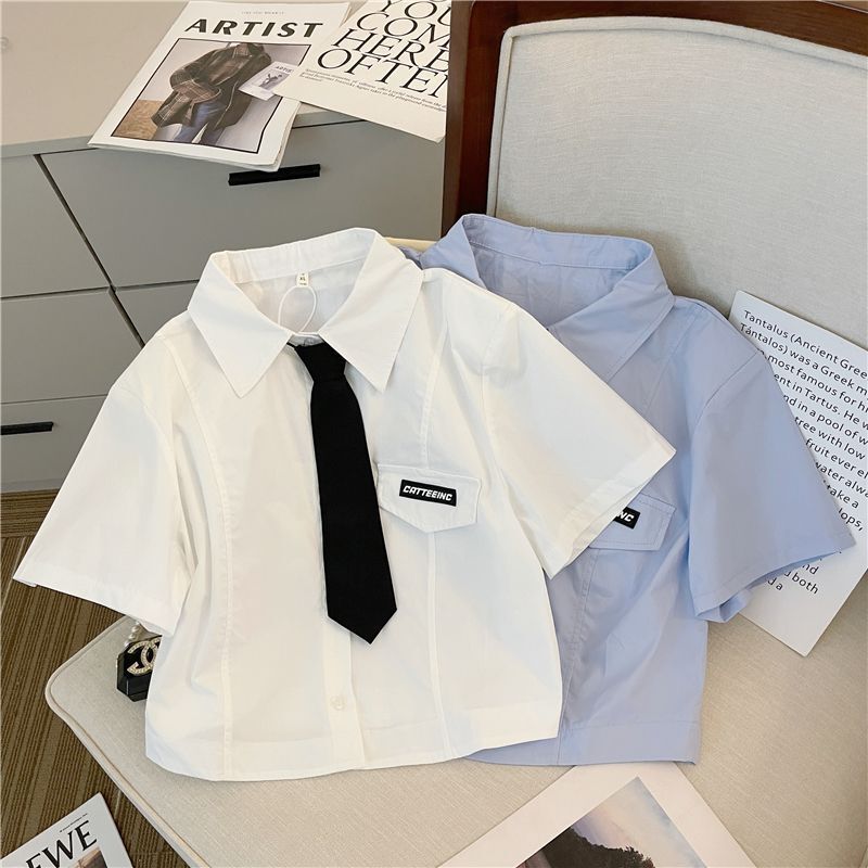 American Style Retro Sweet Spice Girl Short Top Tie Short Sleeve Shirt Women's Summer New Design Sense Niche College Style