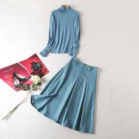 轻熟气质21秋季女装高领打底海蓝长袖毛衣+对褶半裙套装 晓裴同款