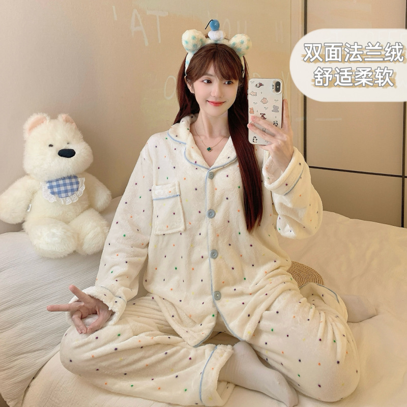 法兰绒睡衣女秋冬季新款韩系卡通条纹长袖加厚保暖少女家居服套装|undefined