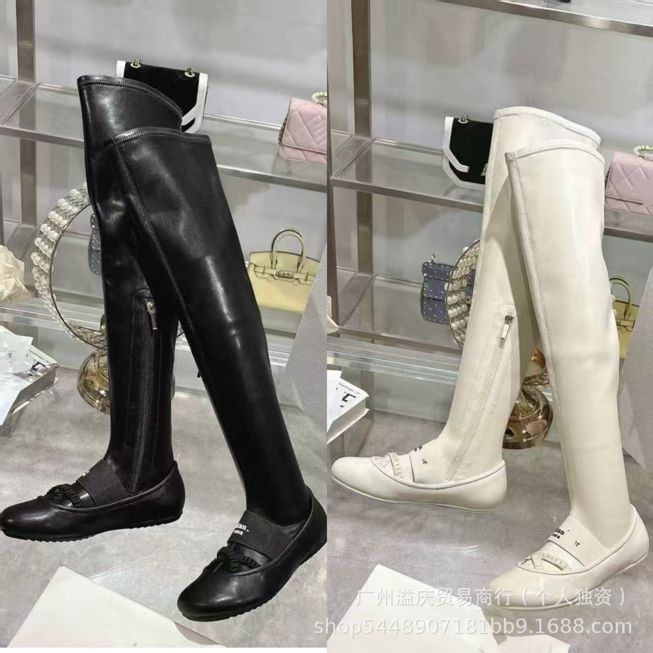 对版25春秋真皮交叉弹力绑带平底单鞋D家过膝靴百搭芭蕾舞玛丽珍