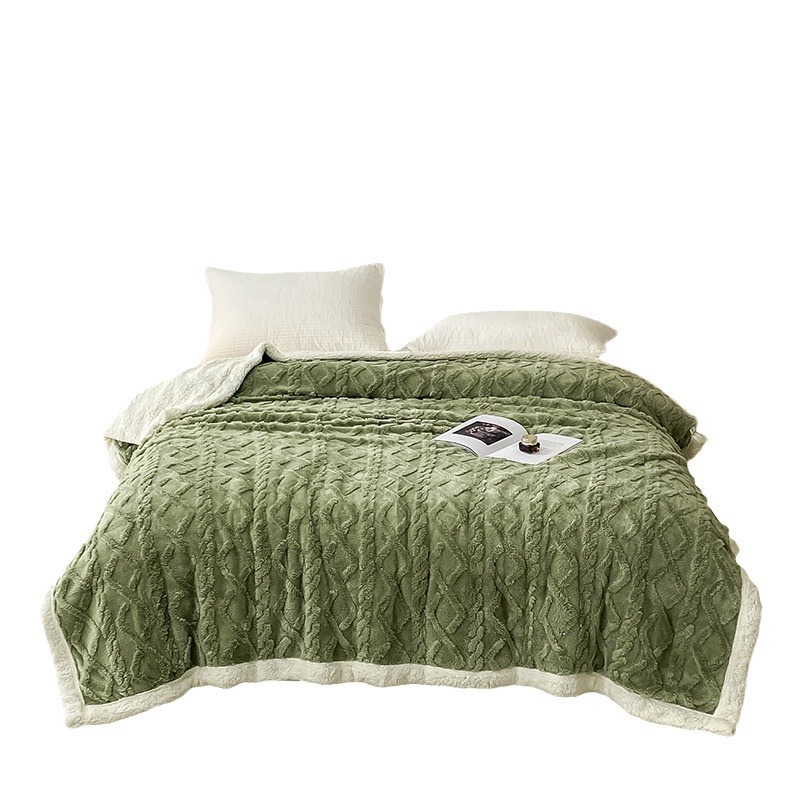 跨境纯色塔芙绒提花双层毛毯盖毯 外贸羊羔绒法莱绒毛毯跨境代发