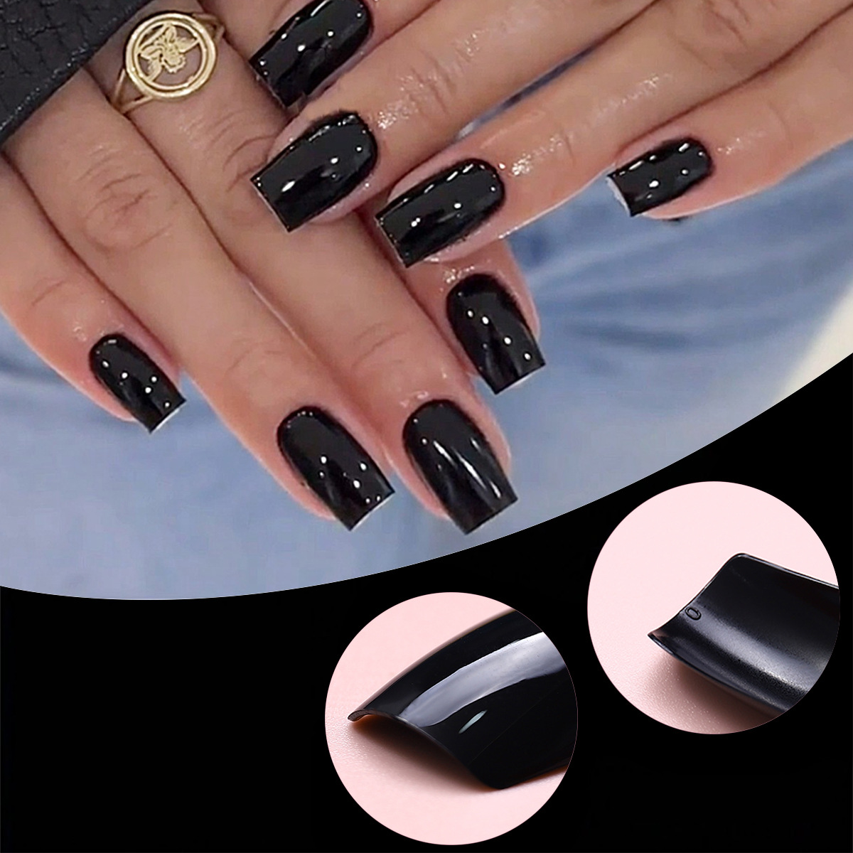 Inswind Wear Uña al por mayor color negro sólido corto cuadrado Wear Uña sensación de alto nivel de verano desmontable al por mayor