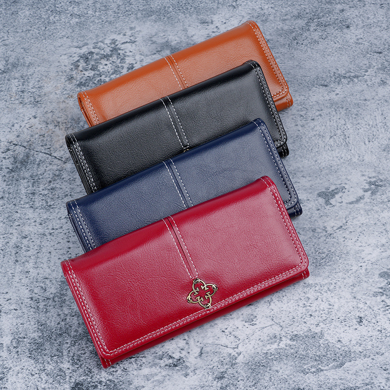 New leather wallet for women, long oil wax leather purse, vintage European and American style, large capacity zipper clutch for women