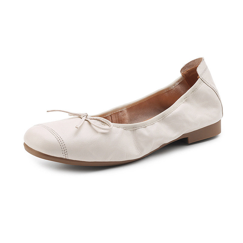 Giày ballet nữ mũi tròn đế bệt da cừu mềm nơ bướm — Màu nâu