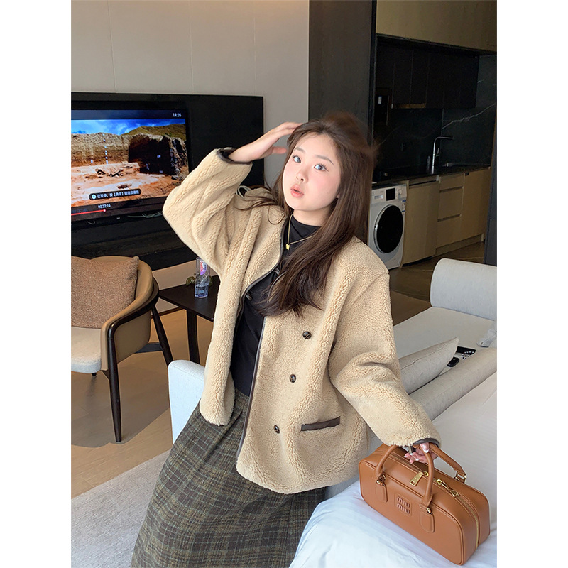 플러스 사이즈 여자 모피 One Lambswool Coat 여자 Maillard Winter 새로운 느슨한 올 매치 싱글 브레스트 코트