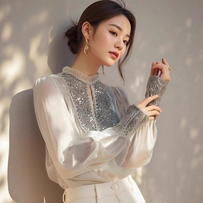 Shanli Dadi Off-White Sequin Shirt for Women, High-End, Accessible Luxury, Age-Reducing and Western Style, 2025 Spring New Design