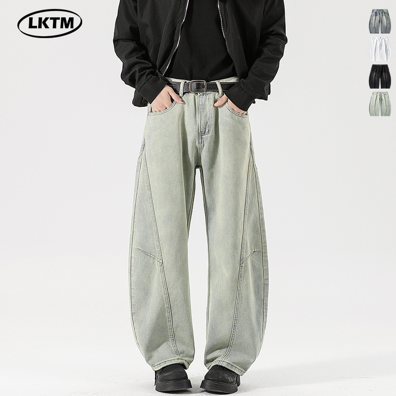 LKTM男装#美式复古水洗做旧拼接弯刀牛仔裤男女宽松阔腿直筒长裤