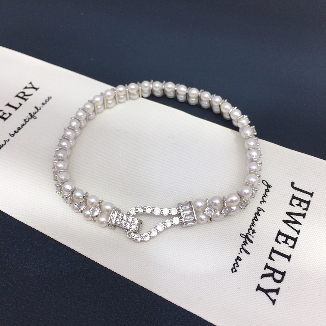 Exquisitely Crafted 3.5-4mm Near-Round Natural Freshwater Pearl Double-Row Full Zirconium Horseshoe Clasp Color-Preserving Trendy Hand Jewelry Wholesale