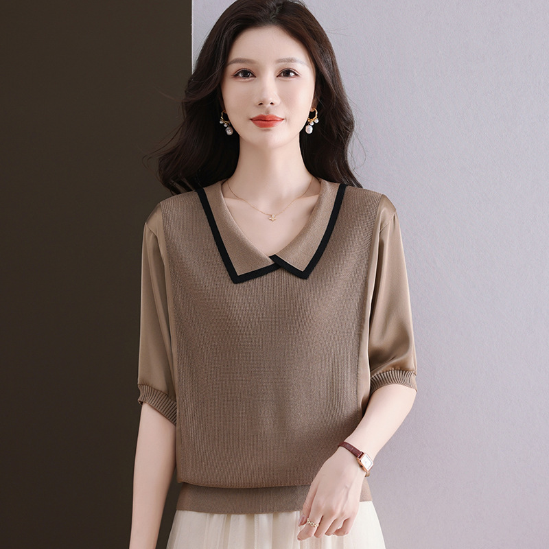 Brand Design Knitted Sweater Tops for Women, Fashionable Mothers, Ice Silk Slimming Look, Stylish and Age-Reducing Mulberry Silk Short-Sleeved T-Shirts
